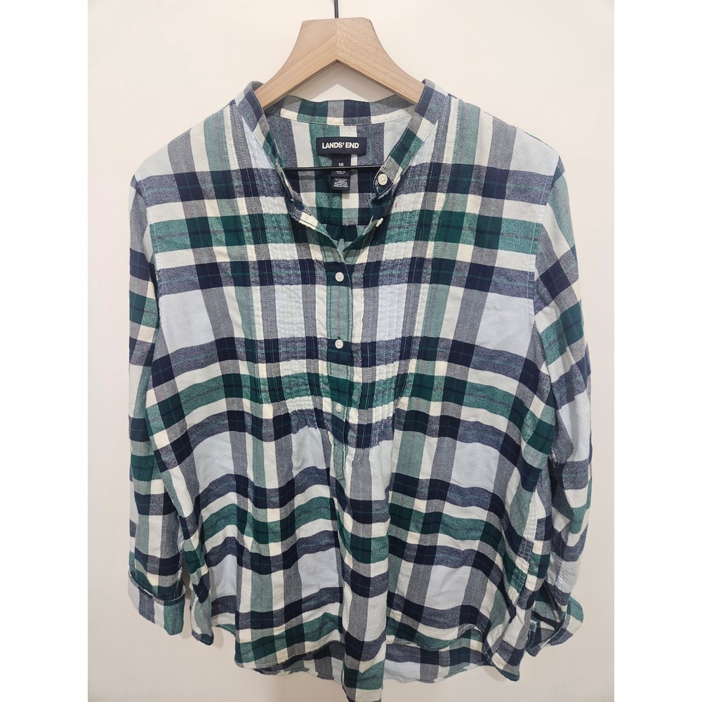 Lands End Womens 18 Green Navy Plaid Cotton Flannel Band Collar Shirt Top